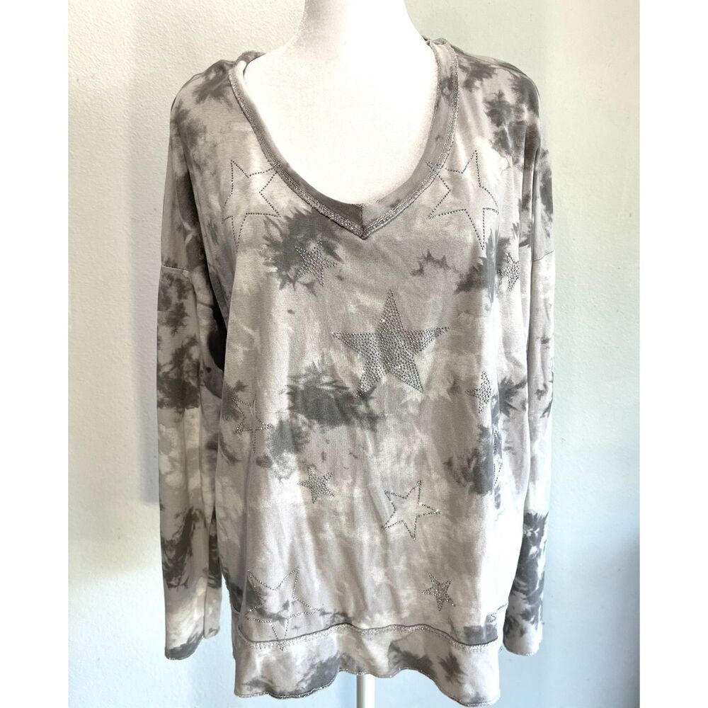 Sunny studio Paris long sleeve top silver glitter stars camo Italy women XL new